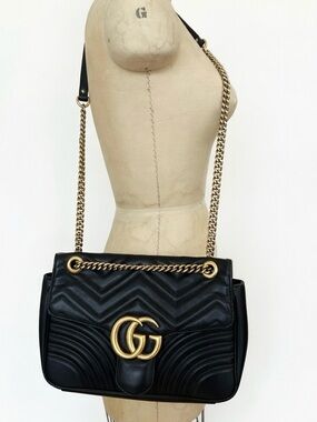 Gucci GG Black Quilted Marmont Leather Shoulder Bag with Gold Hardware